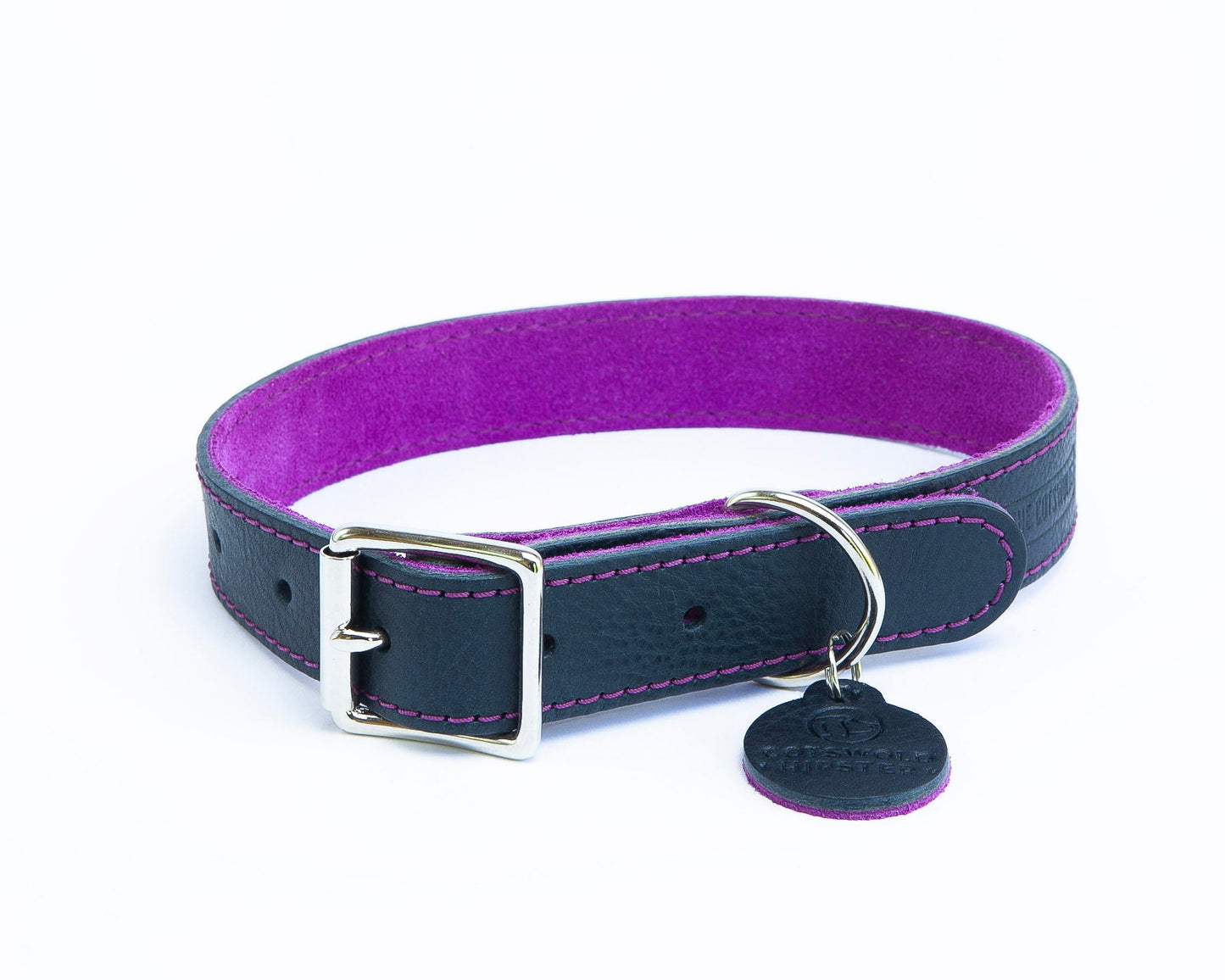 Large handmade navy leather dog collar with fuchsia suede backing from the Summer Fair Collection