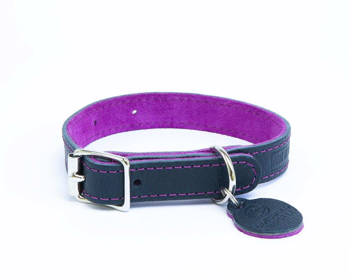 Small handmade navy leather dog collar with fuchsia suede lining from the Summer Fair Collection