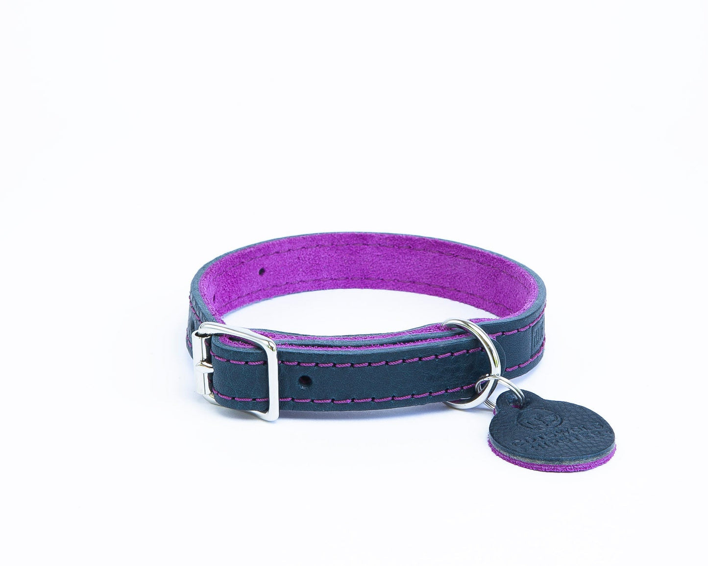 Extra small handmade navy leather dog collar with fuchsia suede lining from the Summer Fair Collection