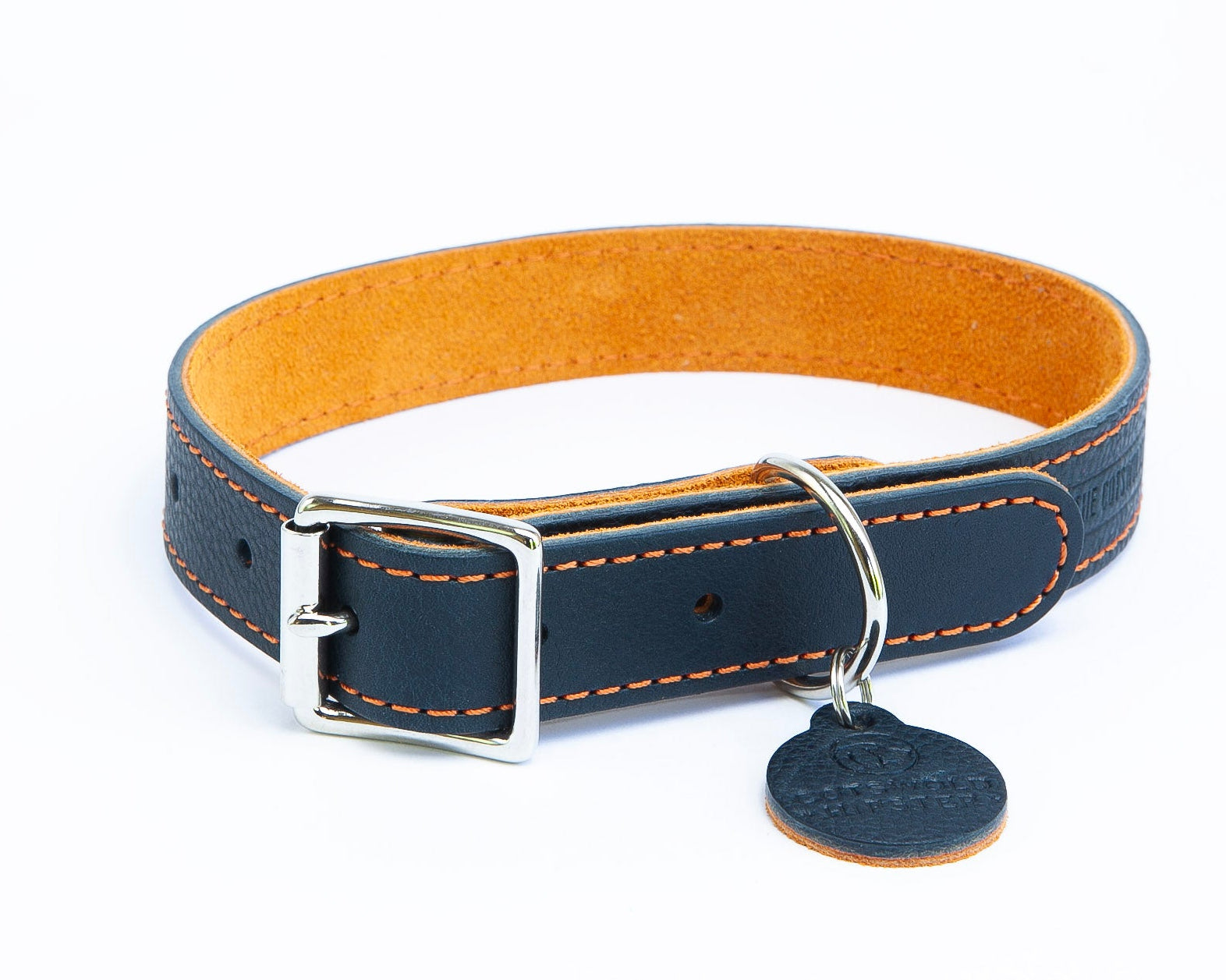Large handmade navy leather dog collar with tangerine suede backing from the Summer Fair Collection