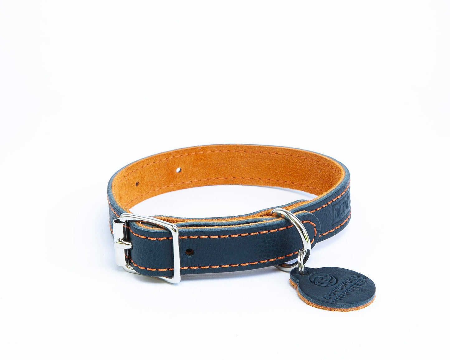 Small handmade navy leather dog collar with tangerine suede lining from the Summer Fair Collection