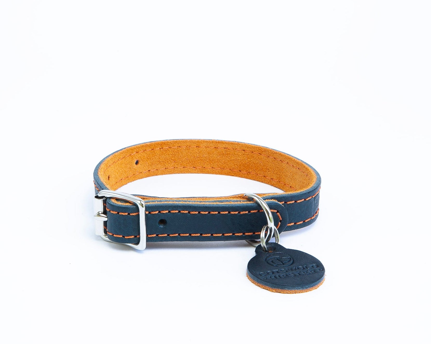 Extra small handmade navy leather dog collar with tangerine suede lining from the Summer Fair Collection