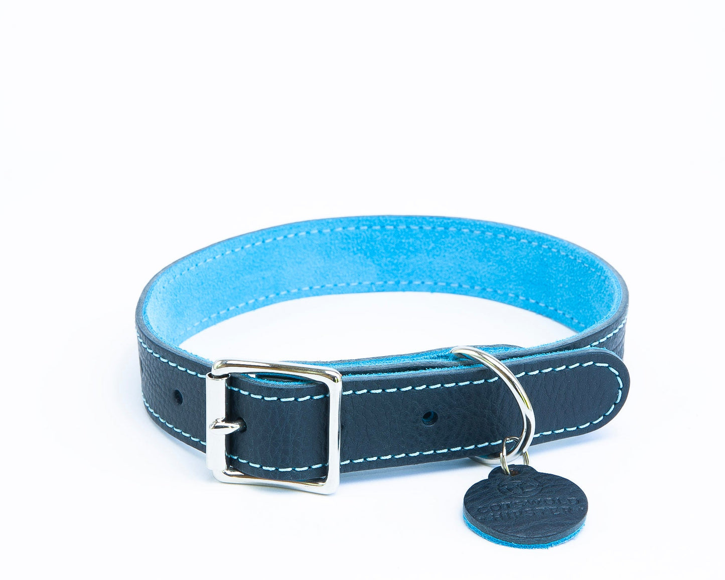 Large handmade navy leather dog collar with turquoise suede backing from the Summer Fair Collection