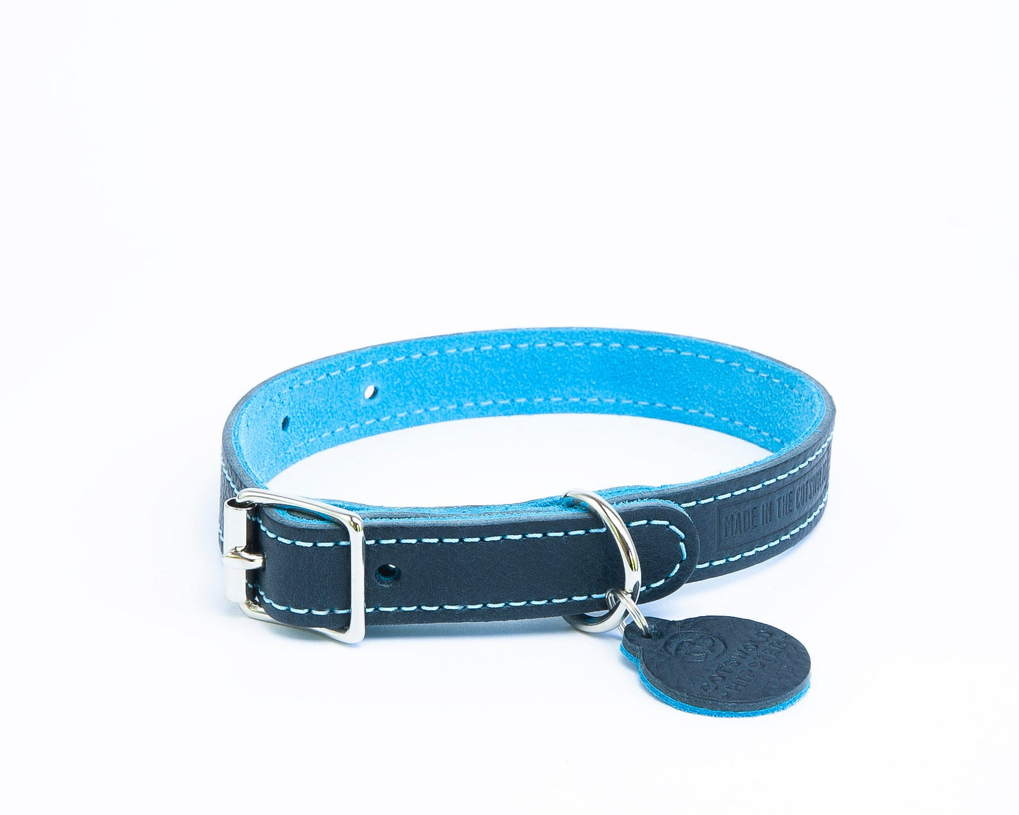 Small handmade navy leather dog collar with turquoise suede lining from the Summer Fair Collection