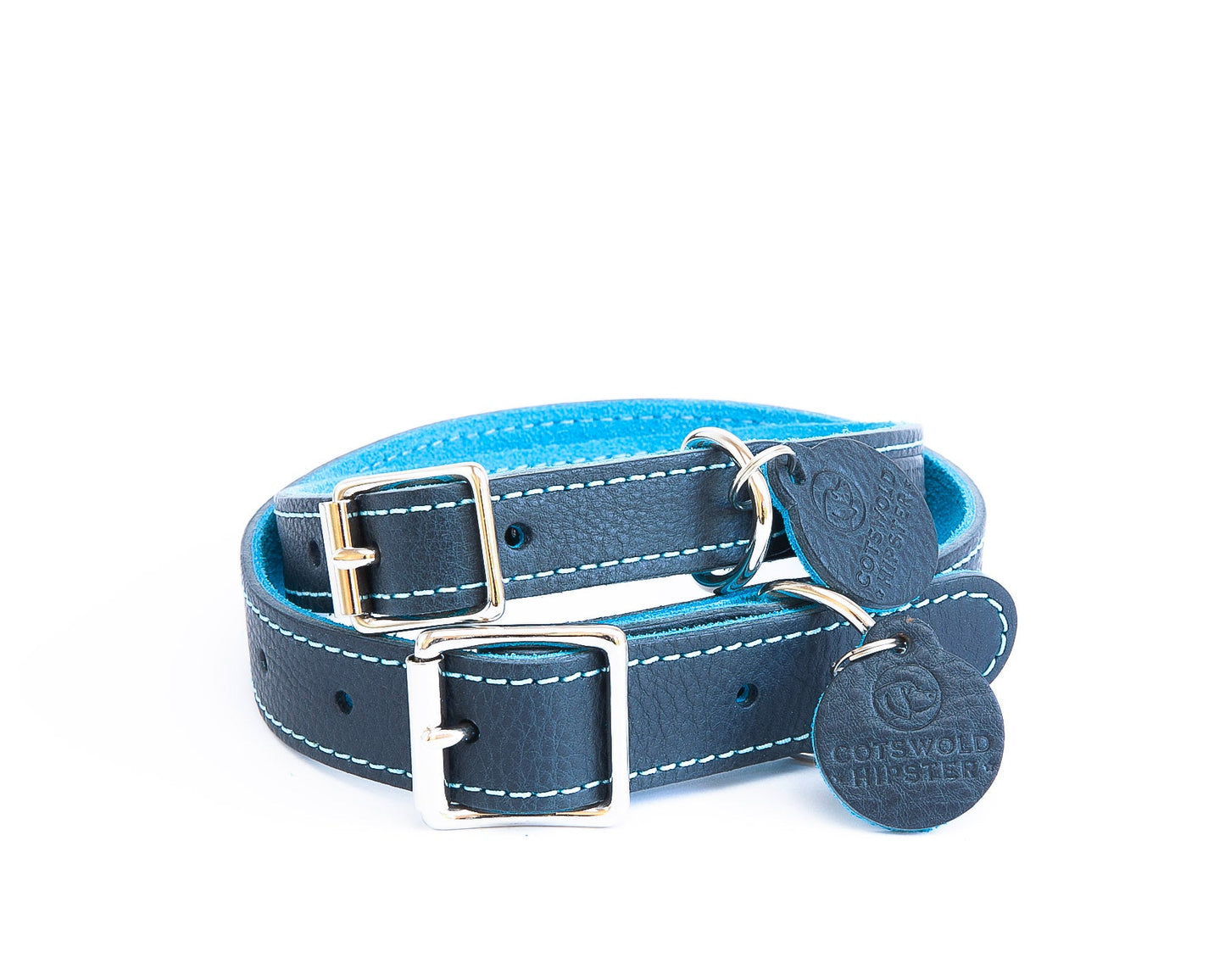 Extra small and small handmade navy leather dog collar with turquoise suede lining from the Summer Fair Collection