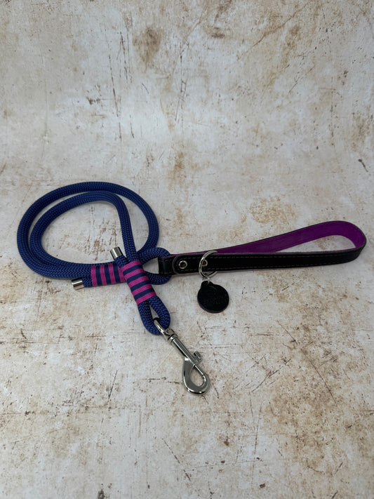 Handmade rope dog lead in French navy with fuchsia stripe detailing and leather handle from the Summer Fair Collection