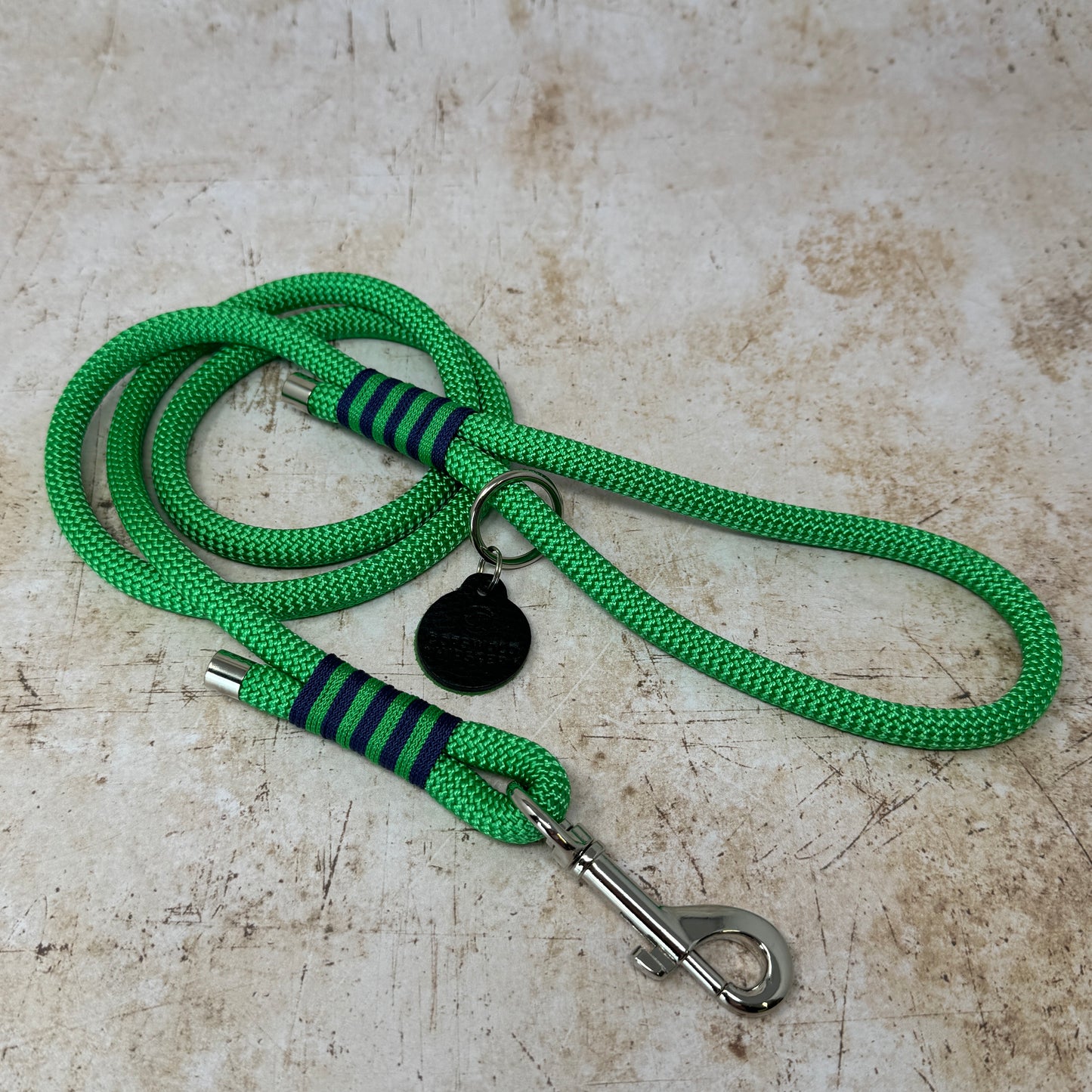 Summer Fair rope-handle dog lead in French navy with bold emerald stripe detailing and nickel hardware