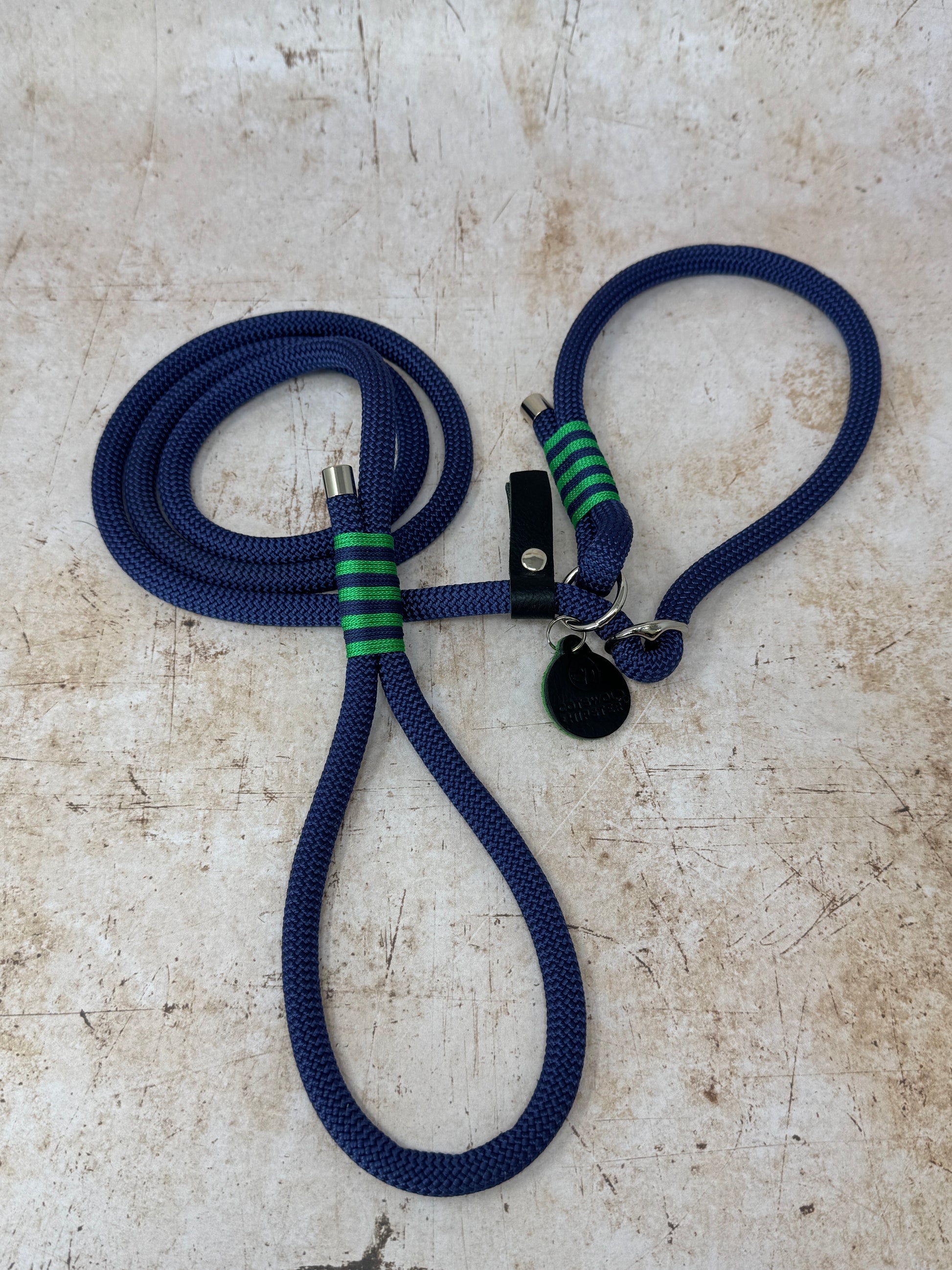 Handmade rope slip lead in French navy with bold emerald stripe detailing and nickel hardware from the Summer Fair Collection