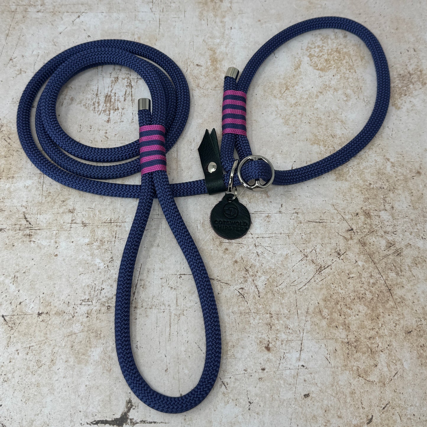 Handmade rope slip lead in French navy with bold fuchsia stripe detailing and nickel hardware from the Summer Fair Collection