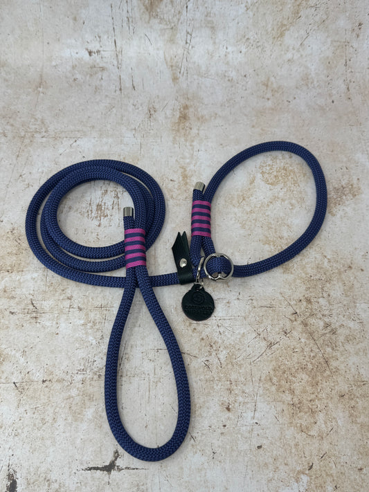 Handmade rope slip lead in French navy with bold fuchsia stripe detailing and nickel hardware from the Summer Fair Collection