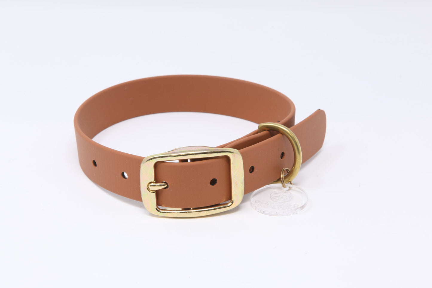 Tan Biothane dog collar with brass buckle and hardware, handmade by Cotswold Hipster 