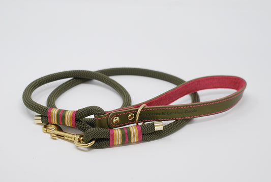 Luxury rope dog lead, Leather and felt soft handle, made in the Cotswolds, solid brass trigger clip for dog safety, Green and pink,